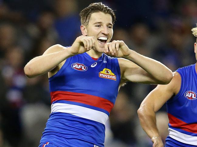 AFL Round 8. 12/05/2018.  Western Bulldogs v Brisbane Lions at Etihad Stadium.  Western Bulldogs Marcus Bontempelli celebrates after kicking a goal   . Pic: Michael Klein