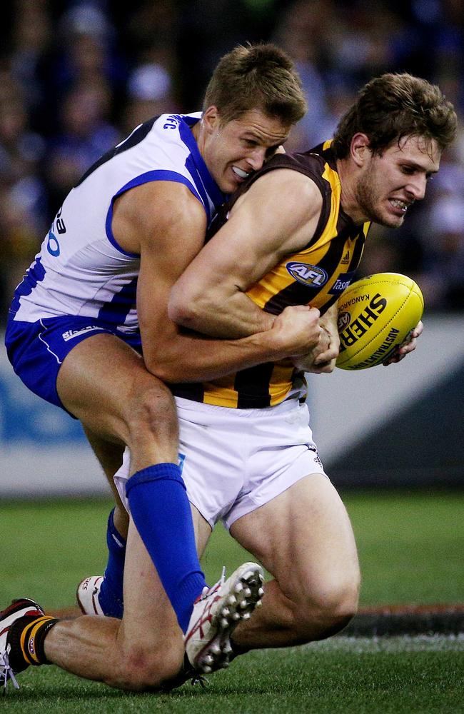 Hawk Grant Birchall had a mare against the Kangaroos. Picture: Colleen Petch