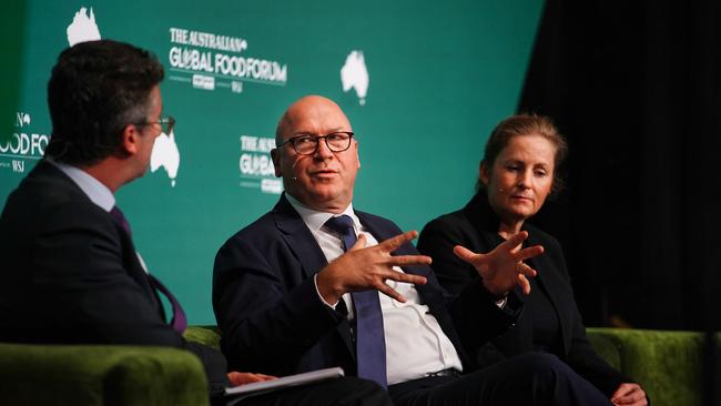 Adam Creighton, chief economist and senior fellow, The Institute of Public Affairs and columnist, The Australian chats with Dr John Kunkel, Senior Economics Adviser, United States Studies Centre and Prudence Gordon, founder, Australian Centre for International Trade and Investment at The Global Food Forum 2025 in Melbourne on Friday. The Australian/ Luis Enrique Ascui
