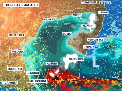 A polar blast is heading across NSW and Victoria. Picture: BOM/Sky
 News Weather