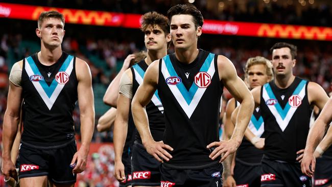 SYDNEY, AUSTRALIA - SEPTEMBER 20: Connor Rozee of the Power looks dejected after a loss during the 2024 AFL First Preliminary Final match between the Sydney Swans and the Port Adelaide Power at The Sydney Cricket Ground on September 20, 2024 in Sydney, Australia. (Photo by Michael Willson/AFL Photos via Getty Images)