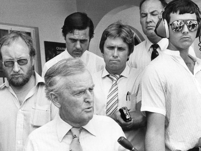 Ken Crook (centre) was media minder to premier Sir Joh Bjelke-Petersen (front).