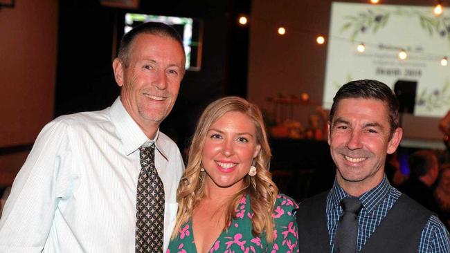 Craig Drummond and Agronomist Cassie Turner from CQ Ag Services Emerald catching up with Justin Howard from Landmark Emerald. Picture: James Laws Photography