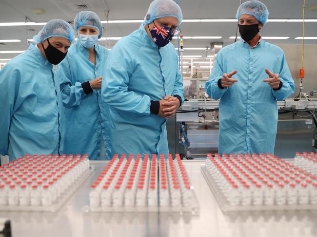 Prime Minister Scott Morrison and Health Minister Greg Hunt visit the CSL plant in Melbourne responsible for making the AstraZeneca vaccine. Picture: Adam Taylor PMO via NCA NewsWire