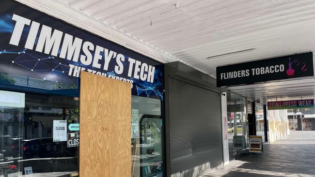 A vehicle was used to smash the front door of Timmsey's Tech on Flinders Street early January 8. Picture: Daneka Hill.