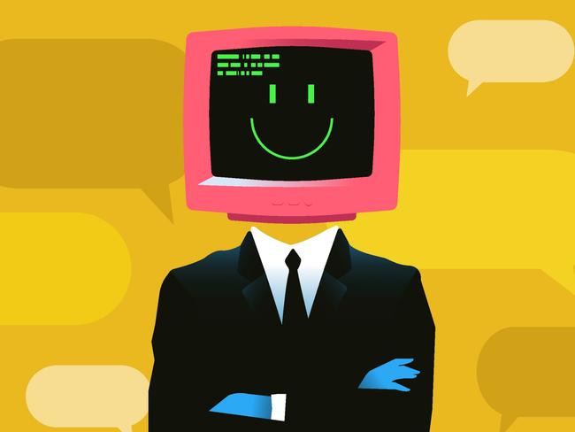 Man with smiling retro monitor head. Chatbot, online assistant, artificial intelligence concept vector illustration. Picture: iStock