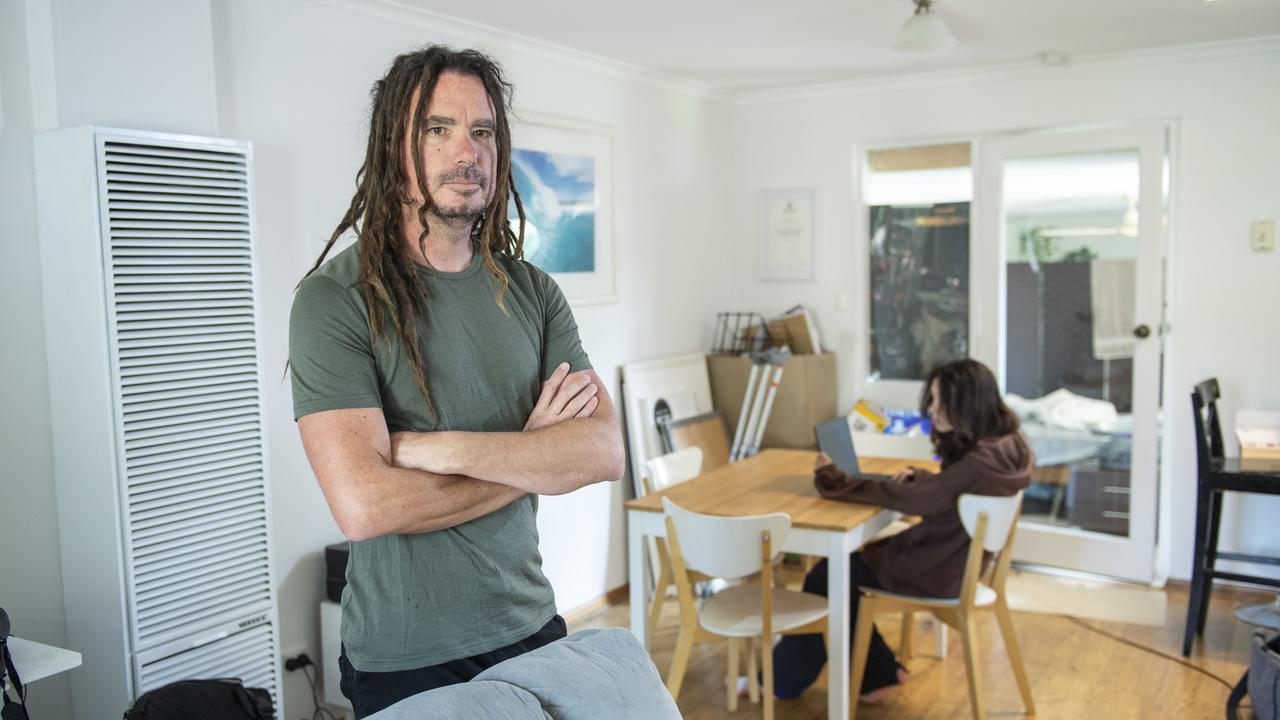 Luke Greaves at his rental home at Port Noarlunga South with his daughter Anabel Greaves. Picture: Mark Brake