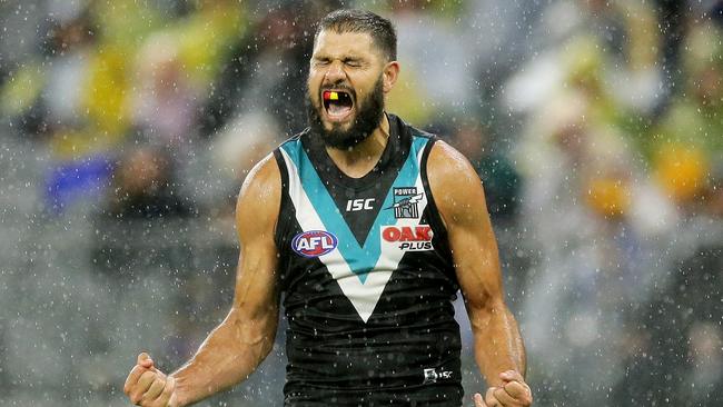 Paddy Ryder of the Power celebrates after scoring a goal during the round 5 AFL match against West Coast. Picture: Getty Images