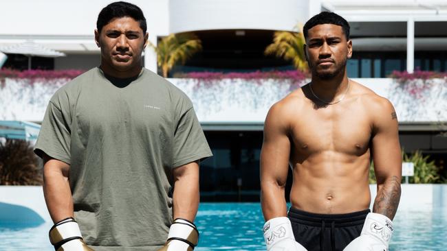 Cowboy Jason Taumalolo and unbeaten boxer Paulo Aokuso at the Ville to promote an NRL-themed boxing blockbuster in Townsville on October 7.  Picture: Robbie Bolton Ã¢â¬â 537 Media