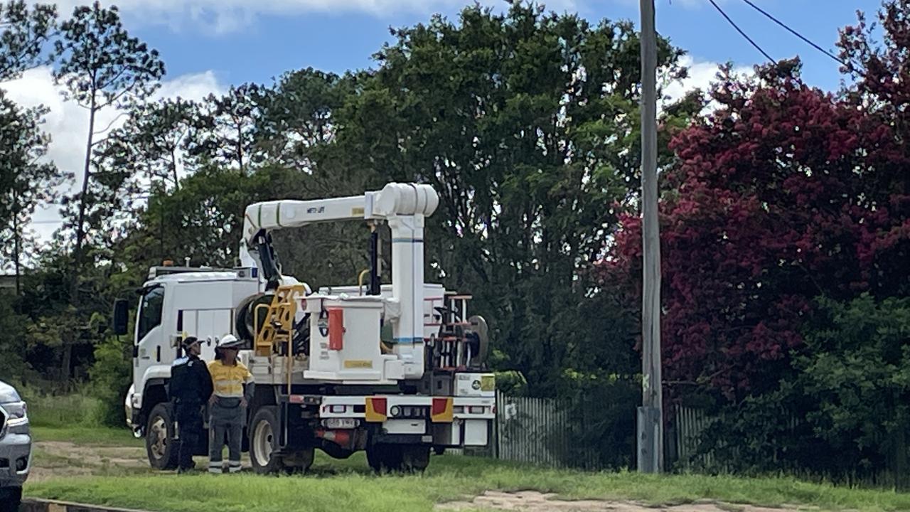 A truck crashed into power lines along Cootharaba Rd in Gympie at around 8am on Monday, January 15, 2024. Picture: Christine Schindler