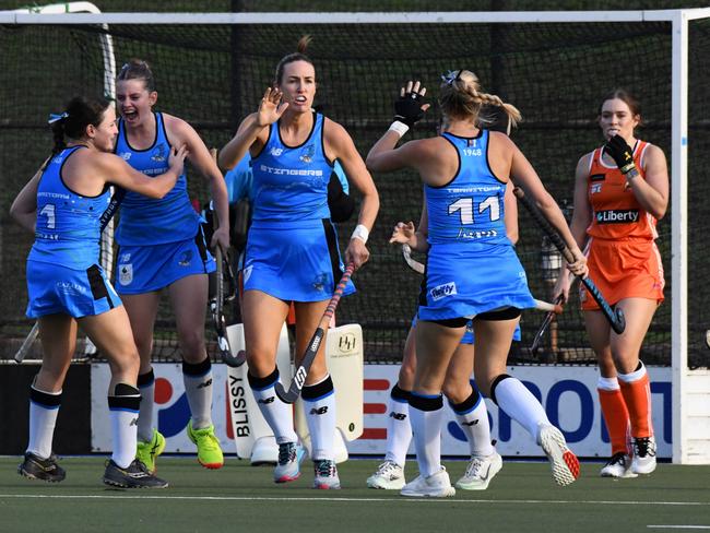 Territory Stingers women scoring a goal against Brisbane in the Festival of Hockey 2024. Picture: Hockey NT.