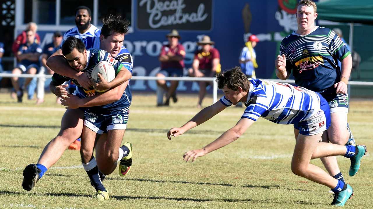 CHASE: Maryborough Brothers winger Jordan Dakin-Mimi is nabbed by the chasing Past Brothers defenders during the Bundaberg Rugby League game at Eskdale Park, Maryborough. Picture: Matthew McInerney