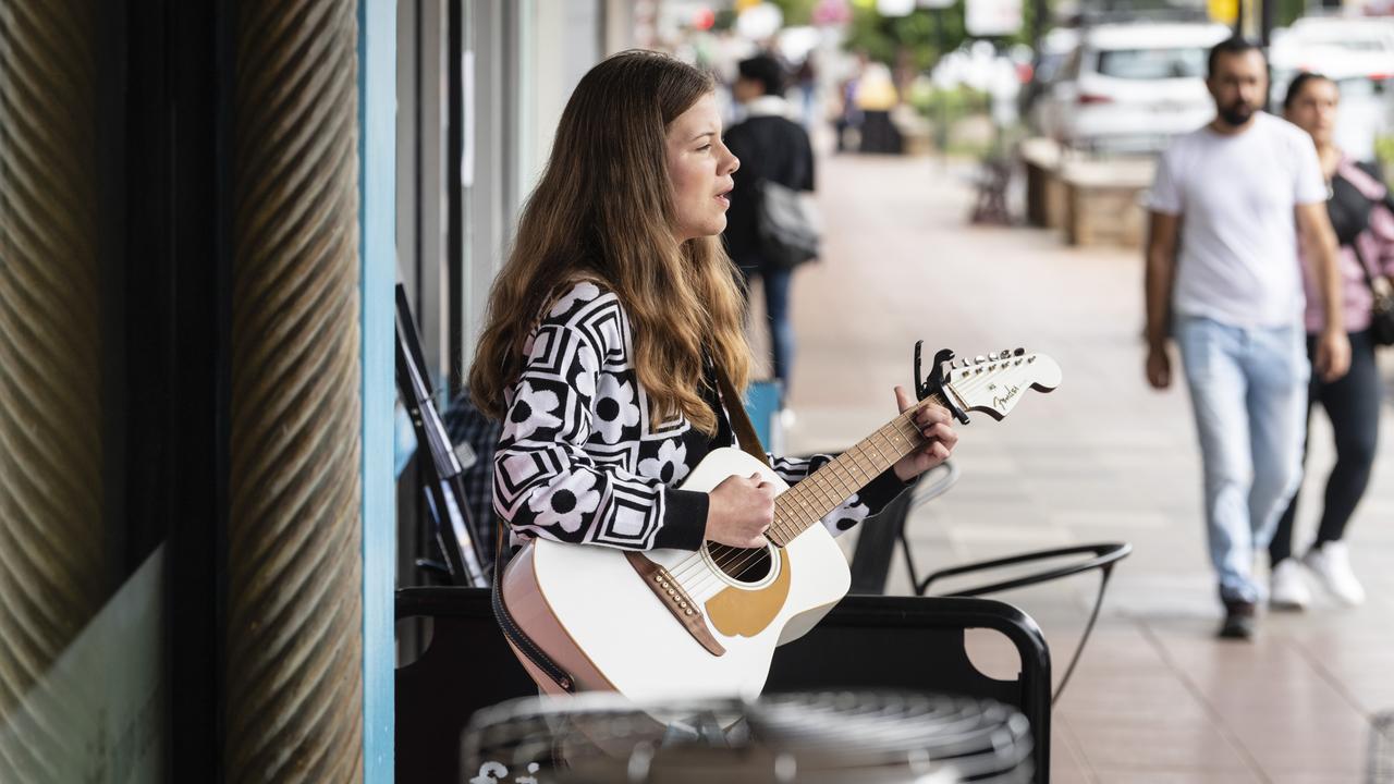 Zoe-Jane Martin performs during the Toowoomba Busking Festival, Saturday, April 29, 2023. Picture: Kevin Farmer