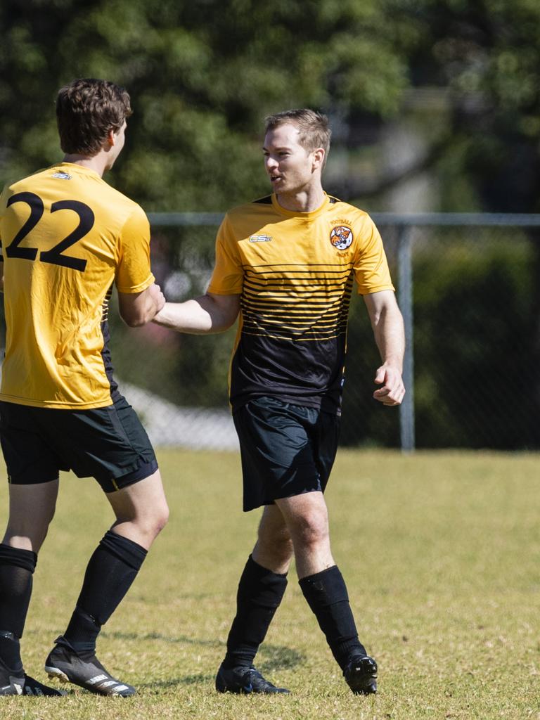 Dalby Tigers captain Joshua Allen (left) and Sam Robertson celebrate a goal against Willowburn in Div 2 Men FQ Darling Downs Presidents Cup football at West Wanderers, Sunday, July 24, 2022. Picture: Kevin Farmer