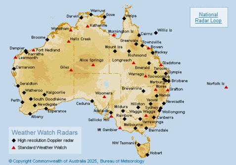 A map of weather radars reveals widespread blind spots across Queensland, South Australia and Northern Territory. Source: The Bureau of Meteorology