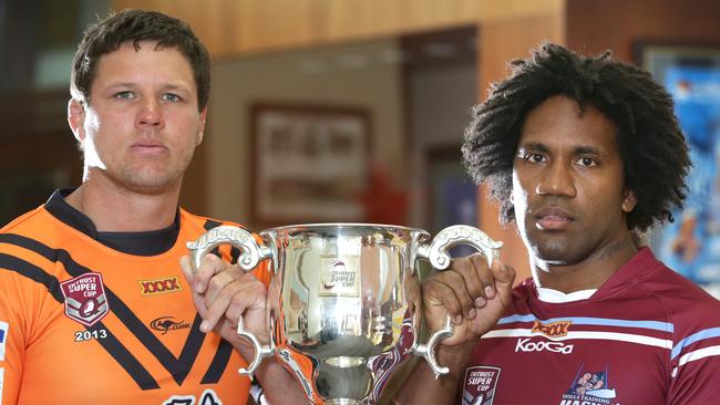 Easts Tigers captain Steve Thorpe and Mackay captain Jardine Bobongie in the lead up to the 2013 grand final. Picture: Darren England