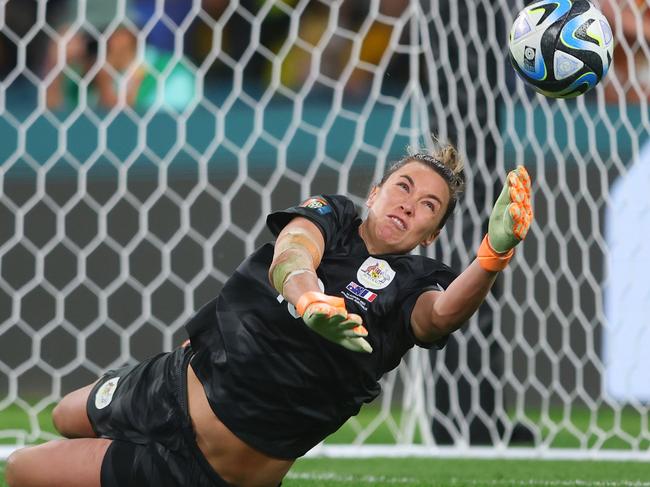 BRISBANE, AUSTRALIA - AUGUST 12: Mackenzie Arnold of Australia saves the ninth penalty from Kenza Dali of France in the penalty shoot out during the FIFA Women's World Cup Australia & New Zealand 2023 Quarter Final match between Australia and France at Brisbane Stadium on August 12, 2023 in Brisbane / Meaanjin, Australia. (Photo by Chris Hyde - FIFA/FIFA via Getty Images)