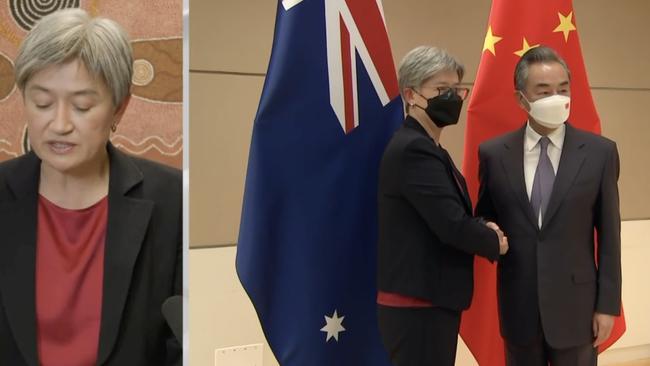 Foreign Affairs Minister Penny Wong meets China's Foreign Minister Wang Yi in New York. Picture: Sky News,