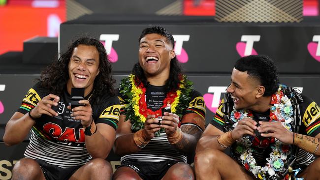 SYDNEY, AUSTRALIA - OCTOBER 02: Jarome Luai, Brian To'o and Stephen Crichton of the Panthers celebrate winning the 2022 NRL Grand Final match between the Penrith Panthers and the Parramatta Eels at Accor Stadium on October 02, 2022, in Sydney, Australia. (Photo by Cameron Spencer/Getty Images)