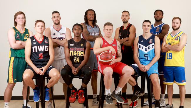 Men’s players Riley Meldrum (Woodville), Daniel Webber (Norwood), Sam Johns (South Adelaide), Viont’e Daniels (Southern), Koop McCalop (Eastern), Hamish Staude (North Adelaide), Patrick Ciganovic (West Adelaide), Joel Spear (Sturt), Tobias Dowdell (Central District), and Adam Doyle (Forestville). Picture: Kelly Barnes/AllStar Photos