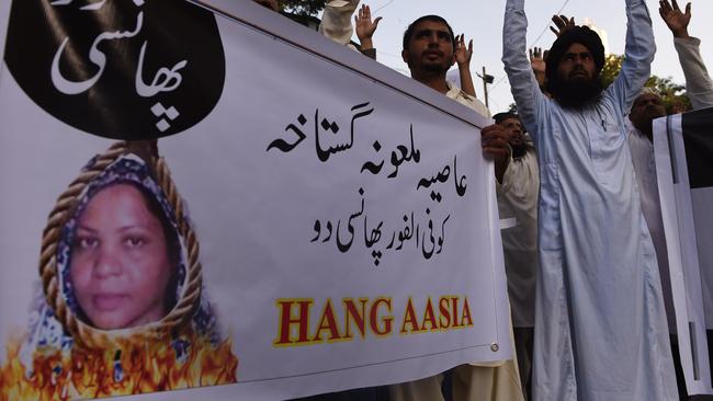 Pakistani protesters shout slogans against Asia Bibi, a Christian woman facing the death penalty for blasphemy. Picture: AFP