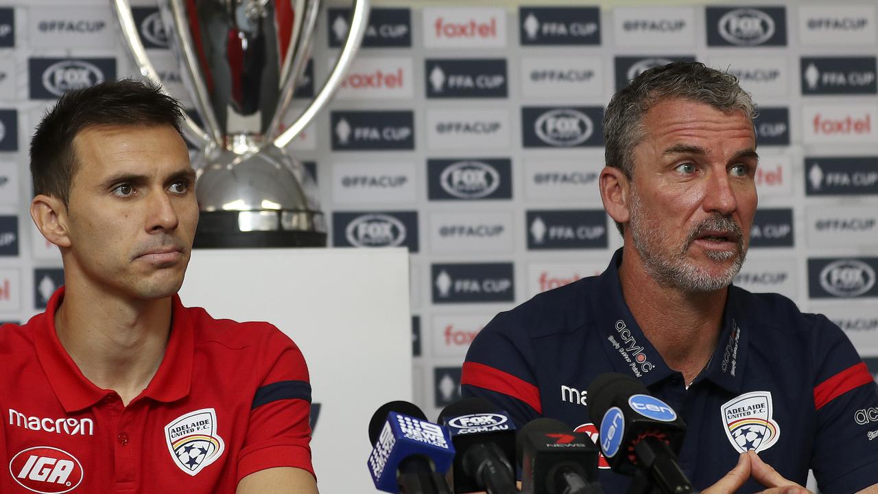 Adelaide United captain Isaias and coach Marco Kurz before the FFA Final against Sydney at Coopers Stadium. Picture SARAH REED