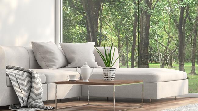 Minimal sofa located at the window 3d render.The Rooms have wooden floors and white wall.furnished with white fabric furniture.There are large frameless window looking out to see the garden view.