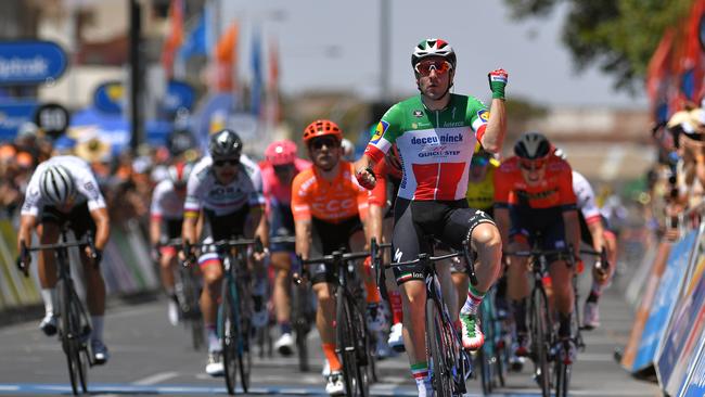 Elia Viviani of Italy and Deceuninck-Quick-Step wins Stage 1 ahead of Max Walscheid of Germany and Team Sunweb and Patrick Bevin’s teammate Jakub Mareczko of Italy and CCC Team at Port Adelaide  on Tuesday. Picture: Tim de Waele/Getty Images