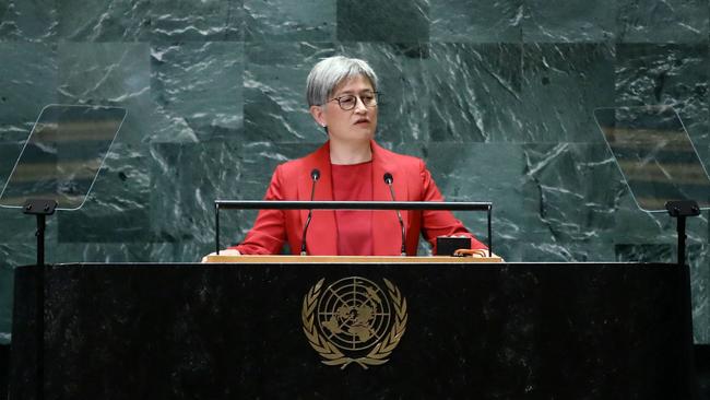 Australian Foreign Affairs Minister Penny Wong speaking during the 79th Session of the United Nations General Assembly. (Photo by Leonardo Munoz / AFP)