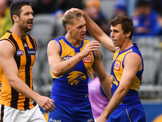 PERTH, AUSTRALIA - AUGUST 16: Oscar Allen of the Eagles celebrates a goal with Jamie Cripps during the 2020 AFL Round 12 match between the West Coast Eagles and the Hawthorn Hawks at Optus Stadium on August 16, 2020 in Perth, Australia. (Photo by Daniel Carson/AFL Photos via Getty Images)