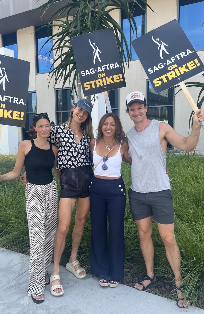 Aussies on the SAG picket line - Kara Cook, Christian Wilkins, Andi Lew, Luke Cook. Picture: Jonathon Moran