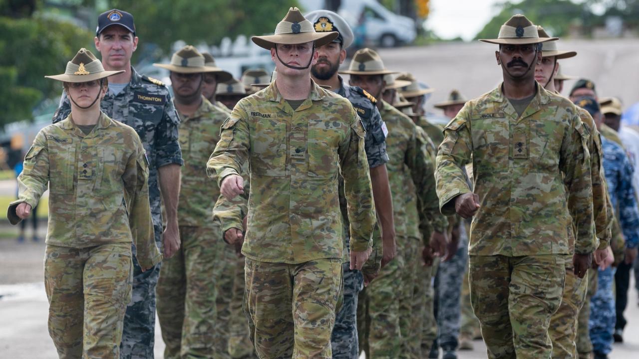 Officer Commanding Sarpeye (Charlie) Company, 51 FNQR Major Chris Freeman leads the Australian Defence Force contingent during the Torres Strait Island Light Infantry Battalion 80th anniversary ceremony held at Thursday Island. Picture: Supplied