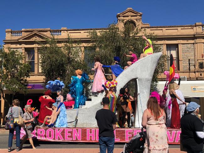 Drag queens atop the giant stiletto on Broken Hill’s main street.