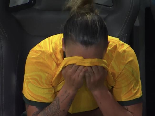 Chloe Logarzo in tears as Matildas return ends early after head knock. Picture: Paramount Plus