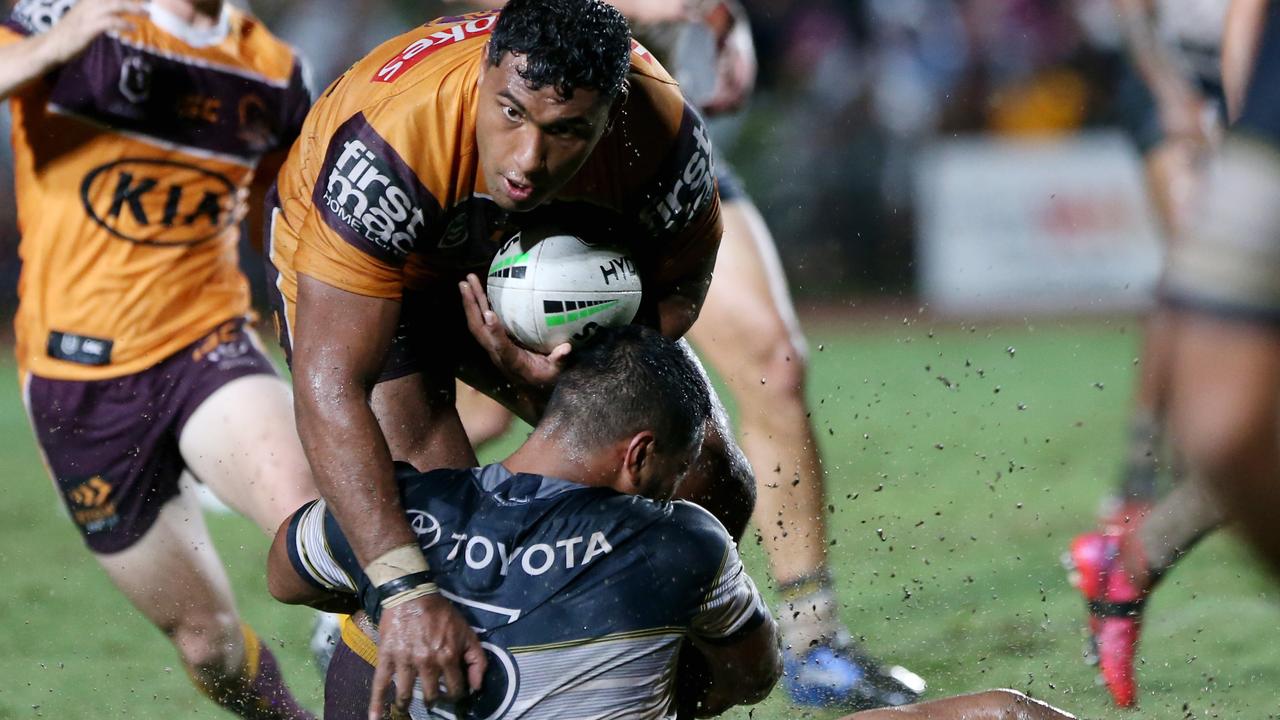 Cowboys v Broncos NRL Trial game at Barlow Park. Broncos' Tevita Pangai Jnr and Cowboys' Connelly Lemuelu. PICTURE: STEWART McLEAN