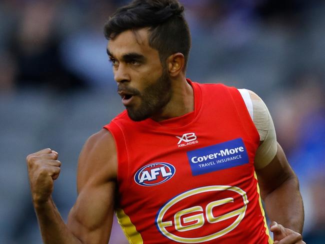 MELBOURNE, AUSTRALIA - APRIL 07: Jack Martin of the Suns celebrates a goal during the 2019 AFL round 03 match between the Western Bulldogs and the Gold Coast Suns at Marvel Stadium on April 07, 2019 in Melbourne, Australia. (Photo by Michael Willson/AFL Photos/Getty Images)