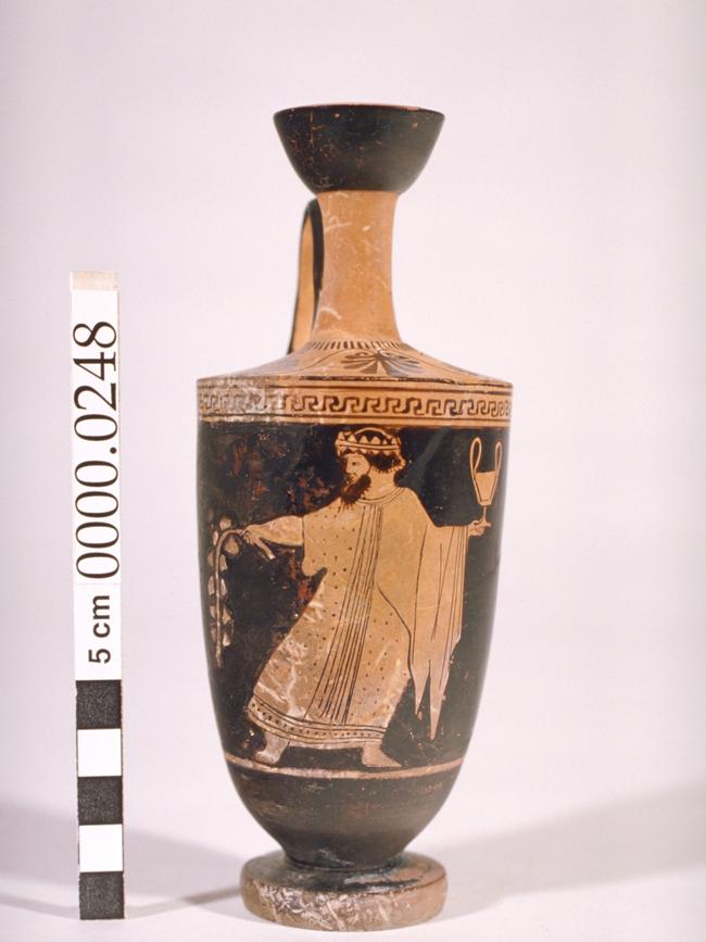 Ancient Lives - Oil flask with wine god holding wine cup Attic Greek, c. 470 BCE Classics and Archaeology Collection, the University of Melbourne Art Collection