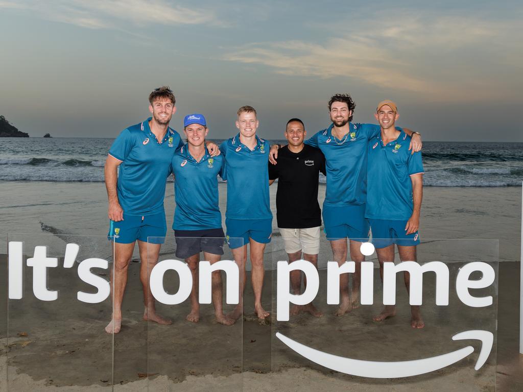 (L-R) Mitch Marsh, Adam Zampa, Nathan Ellis, Usman Khawaja, Tim David and Ashton Agar pictured in Trinidad ahead of the World Cup. Pic: Prime Video
