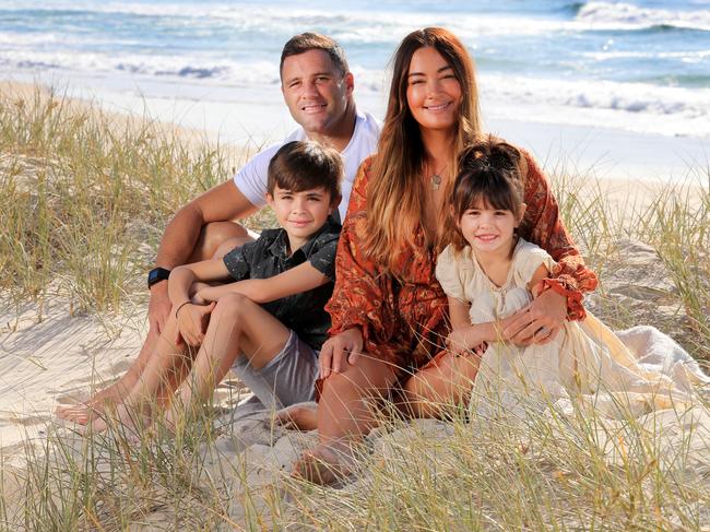 Gold Coast Titans player Michael Gordon with wife Tess and children Cruz (8) and Kahlani (5) on the Tweed Coast. Picture: Scott Powick