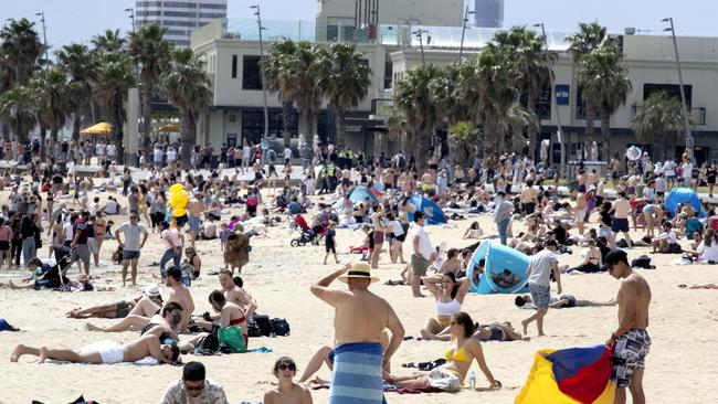 A crowded St Kilda beach last weekend as Covid restrictions eased. Picture: NCA NewsWire / David Geraghty