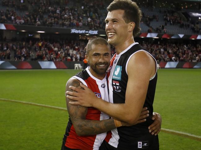 Two key Saints embrace. Picture: AFL Photos/Getty Images