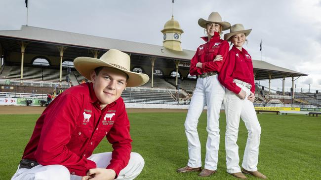 Byron Perrett, Taliah Slee and Matilda Harris have travelled from Macintyre High School in Inverell NSW to attend the Ekka, Monday, August 7, 2023 - Picture: Richard Walker