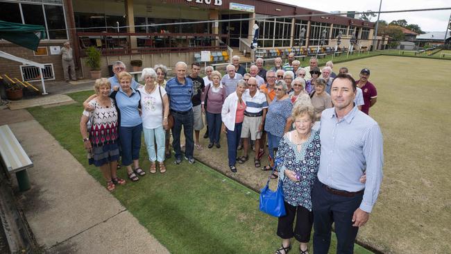 Moorooka Bowls Club members and Cr Griffiths (front, right) after a 2019 meeting called to discuss the club’s future. Picture: AAP/Renae Droop.