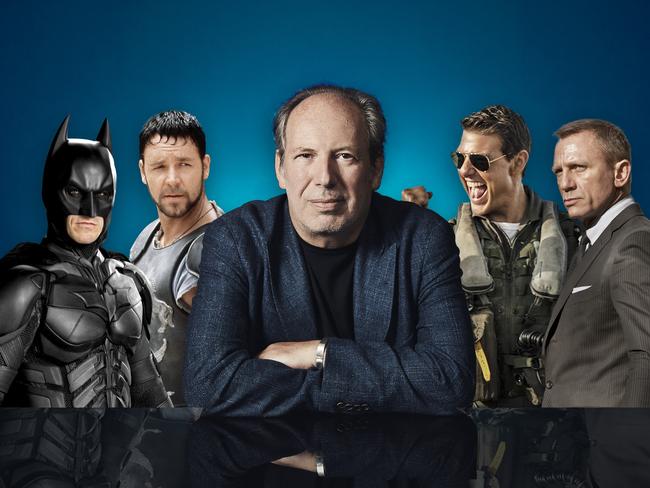 Award-winning German film score composer Hans Zimmer (centre), in a digitally altered imagealongside characters from film soundtracks he has scored. L-R: Batman (The Dark Knight, 2008), Maximus Decimus Meridius (Gladiator, 2000), Zimmer, Captain Pete "Maverick" Mitchell (Top Gun: Maverick, 2022) and James Bond (No Time To Die, 2021). Main picture credit: Lee Kirby (4x3 image)