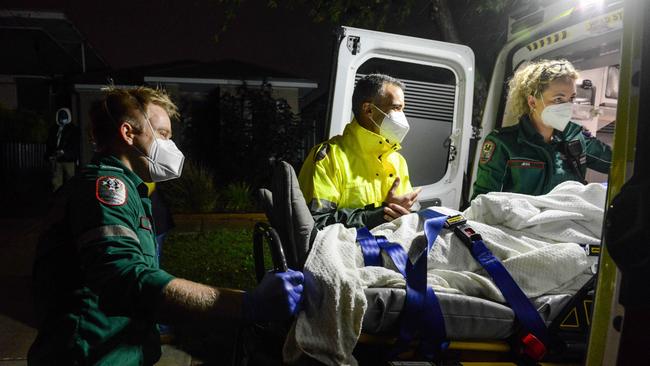 South Australian Premier Peter Malinauskas with paramedics Luke Nottage and Jess Bastian as he spends a night shift with paramedics in an ambulance. Picture: Brenton Edwards