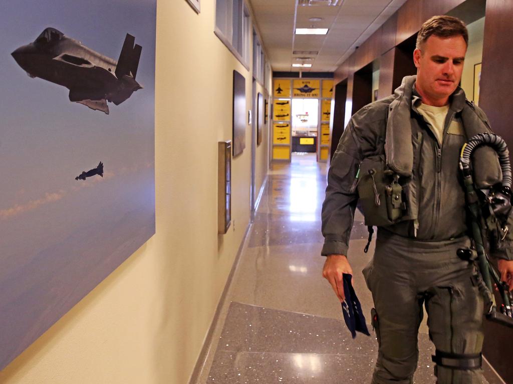 Australian Pilots training in the F35 fighter Jets Luke Airforce Base in Phoenix Arizona. Squadron Leader Wing Commander Darren Clare prepares for a flight. Picture: Nathan Edwards
