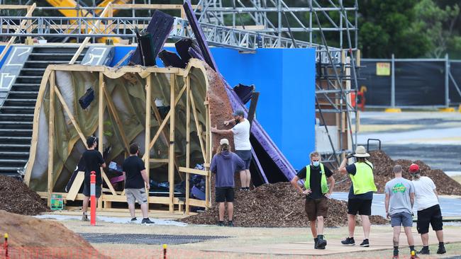 Production crew working on the set at Centennial Park in Sydney. Picture: John Grainger