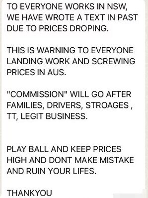 The text message from The Commission to all Sydney’s major cocaine players.