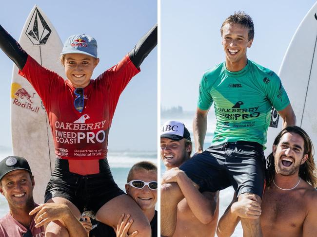 Young surfers Sierra Kerr and Lennox Chell after taking out the 2023 Tweed Coast Pro Junior event. Photo: Cait Miers/World Surf League