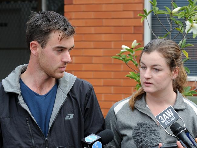 Ella and Mitchell Tromp address the media at Monbulk police station after the disappearance of their parents Jacoba and Mark Tromp in NSW. Picture: Andrew Henshaw